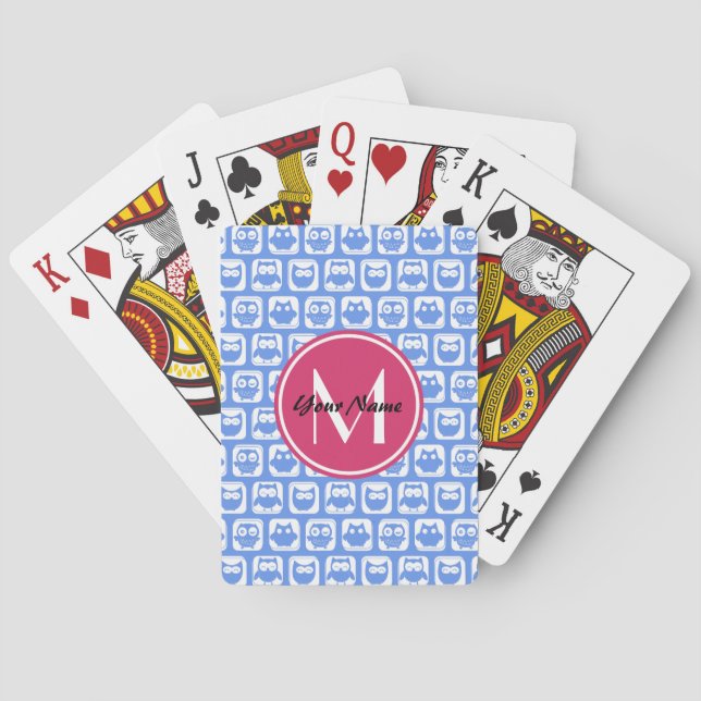 Blue Owl Pattern Pink Custom Monogram Personalized Playing Cards (Back)