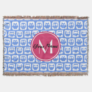 Blue Owl Pattern Pink Custom Monogram Personalized Throw Blanket