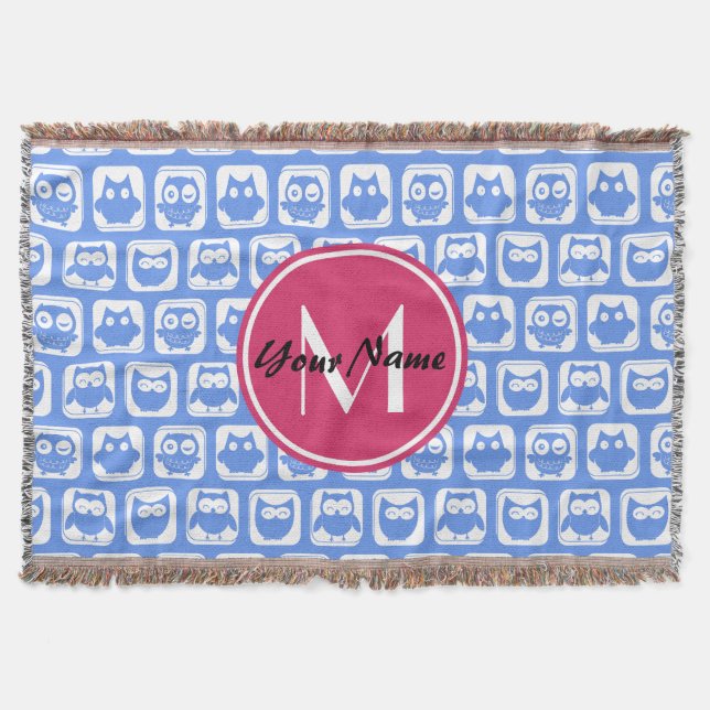 Blue Owl Pattern Pink Custom Monogram Personalized Throw Blanket (Front)