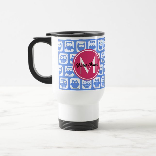 Blue Owl Pattern Pink Custom Monogram Personalized Travel Mug (Left)