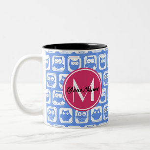 Blue Owl Pattern Pink Custom Monogram Personalized Two-Tone Coffee Mug