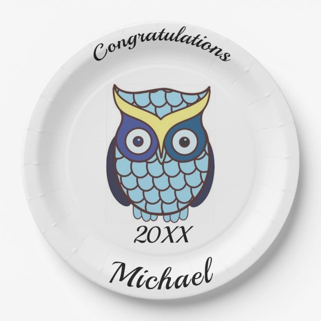 Blue Owl Personalized Graduation Party Paper Plate (Front)