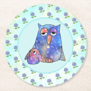 Blue owl round paper coaster