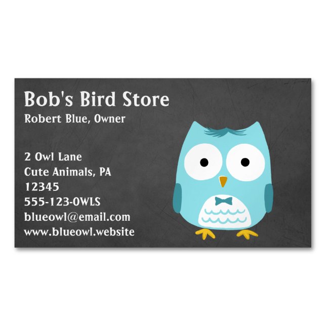 Blue Owl Wearing Bow Tie Magnetic Business Card (Front)