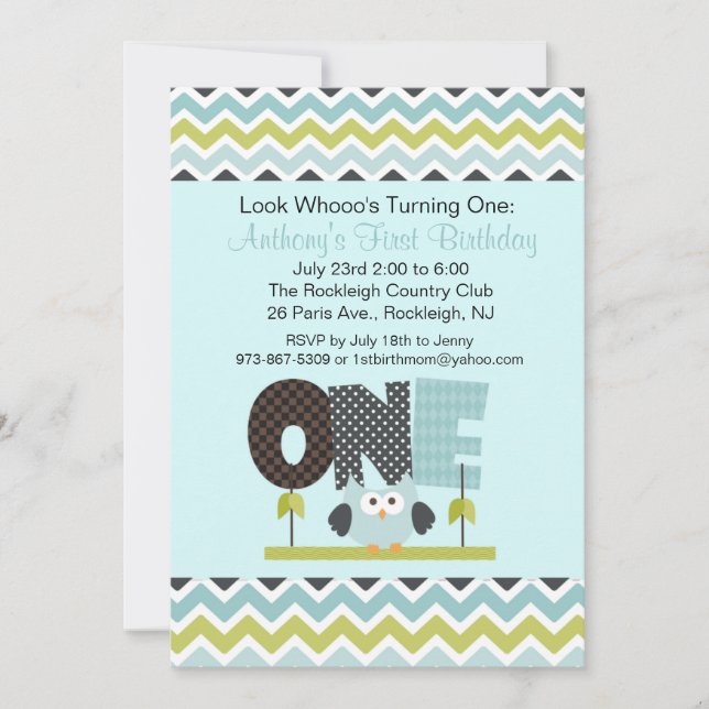 Blue Owl Who's turning One Birthday Invitation (Front)
