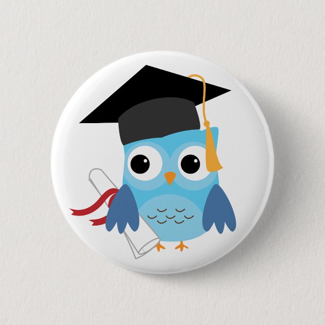 Blue Owl with Diploma Graduation Button (Front)