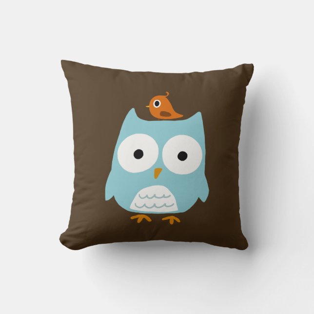 Blue Owl with Little Orange Bird Throw Pillow (Front)