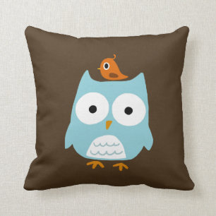 Blue Owl with Little Orange Bird Throw Pillow