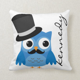 Blue Owl with Moustache and Top Hat Pillow