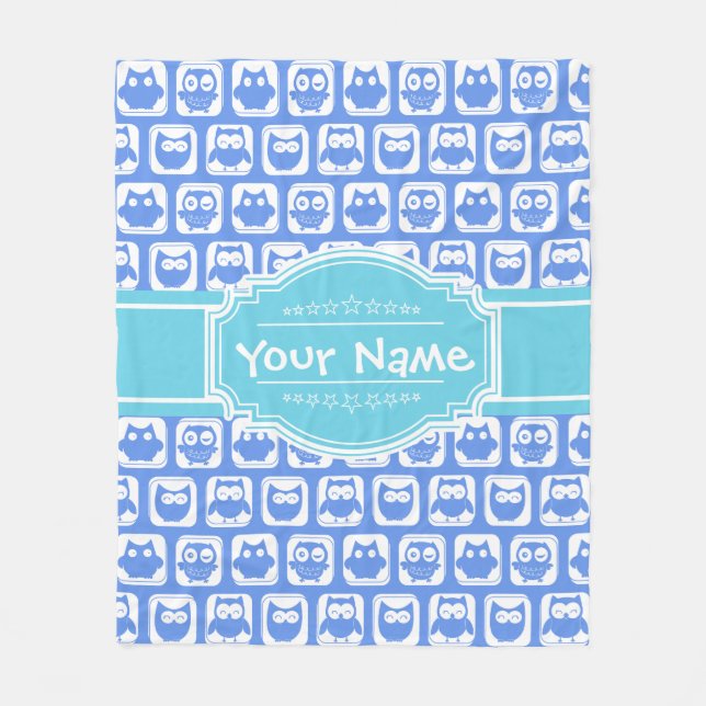 Blue Owls Aqua Personalized Name N#1 Fleece Blanket (Front)
