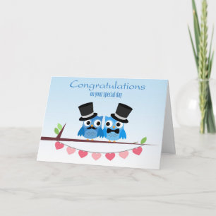 Blue Owls, Pink Hearts, Gay Men Wedding Congratula Card