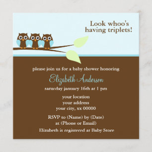 Blue Owls Triplets Baby Shower Invitation