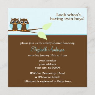 Blue Owls Twins Baby Shower Invitation