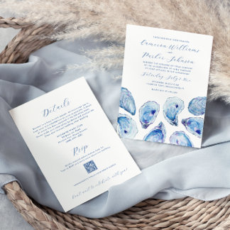 Blue Oyster Shell All-in-One QR code RSVP Wedding Invitation