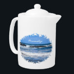 Blue Pacific Ocean With Name<br><div class="desc">A teapot with a photograph taken on the Oregon Coast of the beautiful blue Pacific Ocean,  waves crashing on the sand and jagged rocks. Personalize by adding your name. Perfect for beach lovers.</div>
