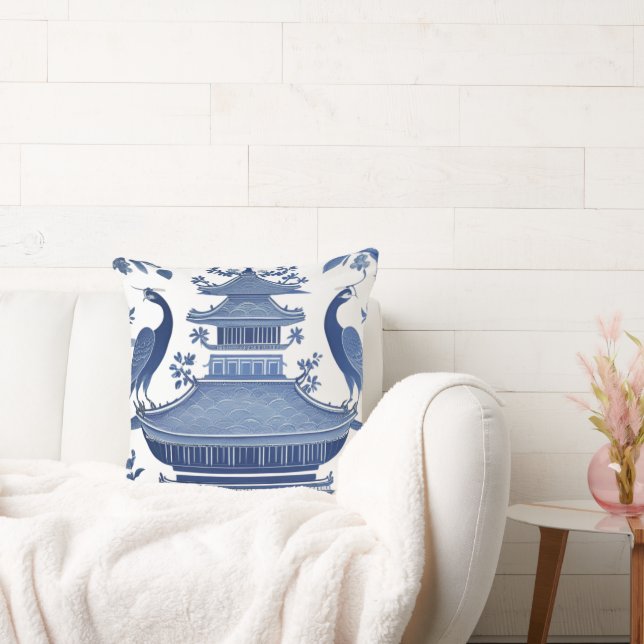 BLUE PAGODA & BIRDS THROW PILLOW (Couch)