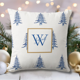 Blue Pagoda Christmas Tree Monogrammed Pattern  Throw Pillow
