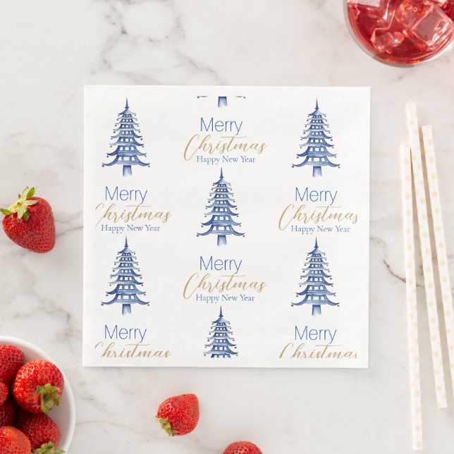 Blue Pagoda Christmas Tree Pattern  Napkin (Insitu)