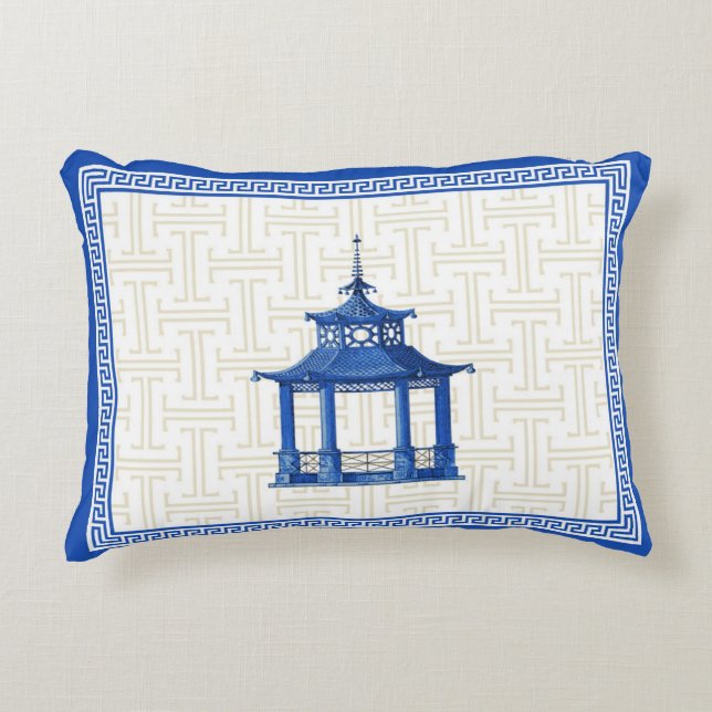 Blue Pagoda on Fret Pillow (Front)