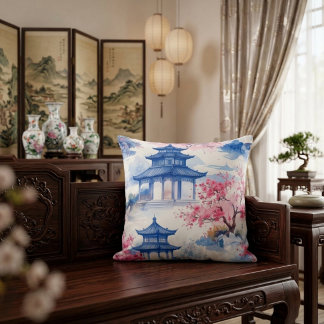 Blue Pagoda Throw Pillow