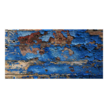 Blue paint peeling of an old wooden house poster