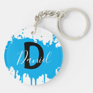Blue Paint Splash Monogram Keychain Personalized