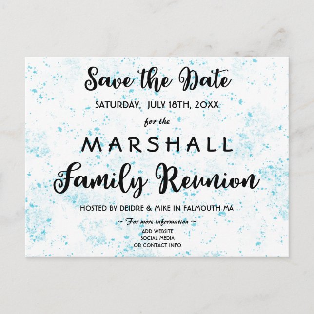 Blue Paint Splatter Family Reunion Save the Date Announcement Postcard (Front)