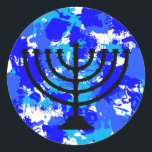 Blue Paint Splatter Menorah Classic Round Sticker<br><div class="desc">Blue paint splatter menorah stickers.</div>