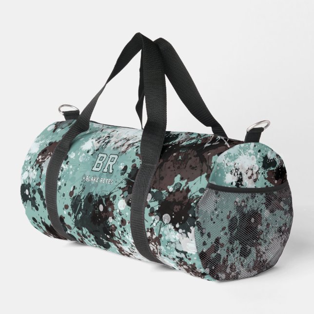 Blue Paint Splatter Monogram Gym Duffle Bag (Right Corner)