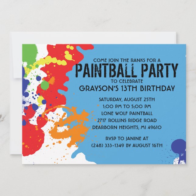 Blue Paintball Splatter Paintball Birthday Party Invitation (Front)