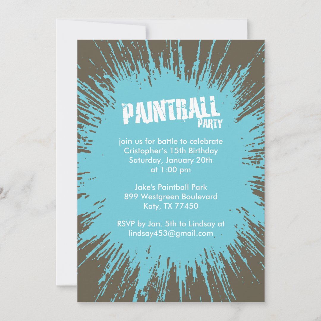 Blue Paintball Splatter Party Invitations Zazzle