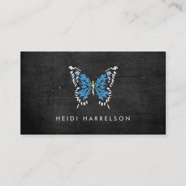 Blue Painted Butterfly Logo on Black Wood Business Card (Front)