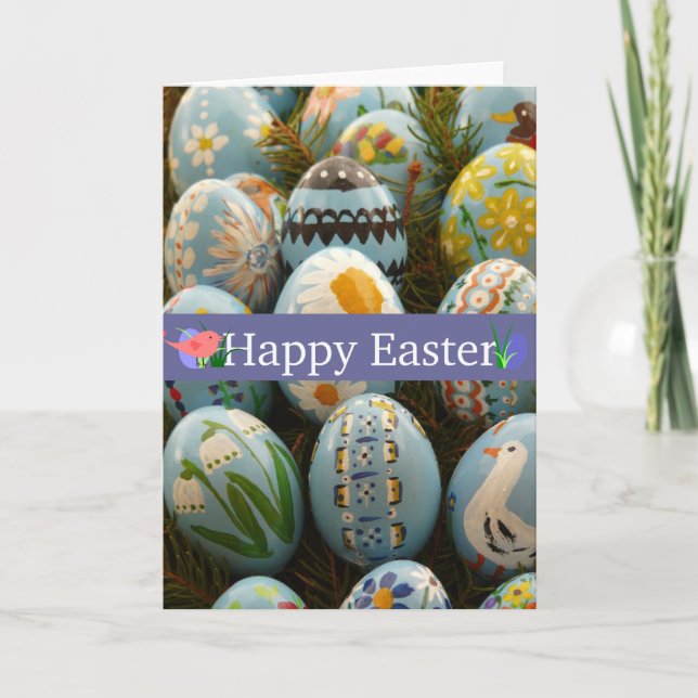 Blue Painted Easter Eggs Holiday Card (Front)