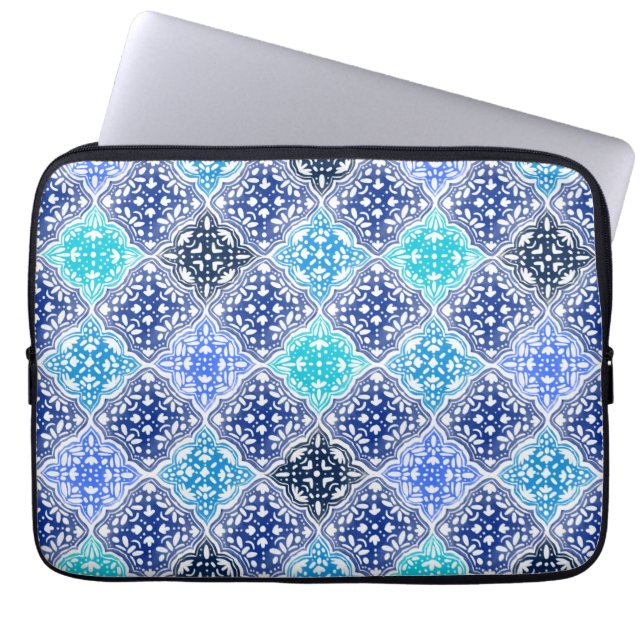 Blue Painted Moroccan Tile Pattern Laptop Sleeve (Front)