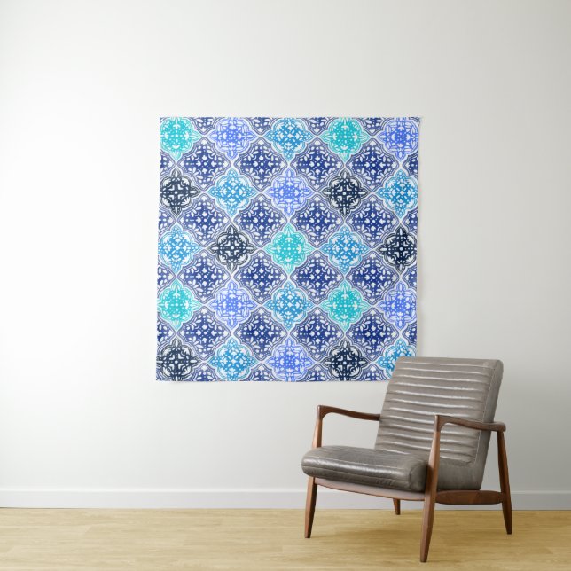 Blue Painted Moroccan Tile Pattern Tapestry (In Situ (Horizontal))