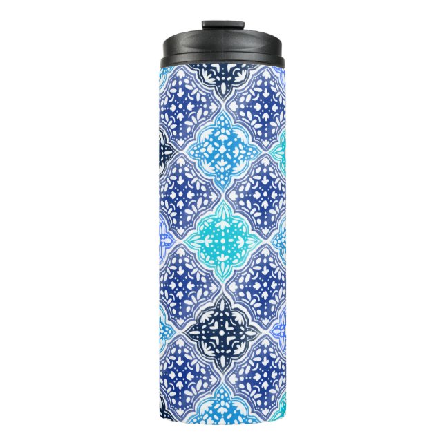 Blue Painted Moroccan Tile Pattern Thermal Tumbler (Front)