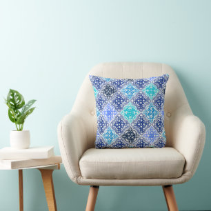 Blue Painted Moroccan Tile Pattern Throw Pillow