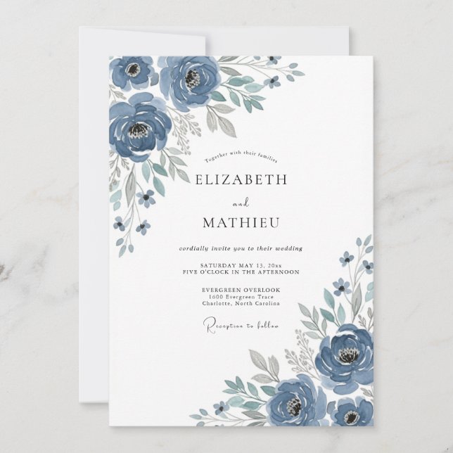 Blue Painterly Floral Romance Wedding Invitation (Front)
