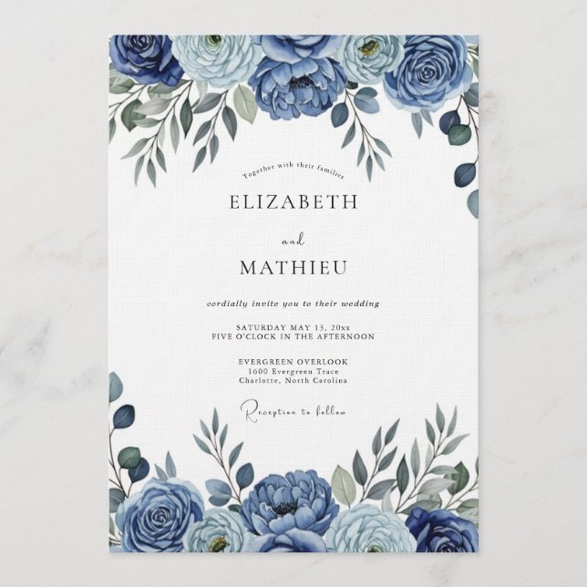 Blue Painterly Floral Wedding Invitation (Front)