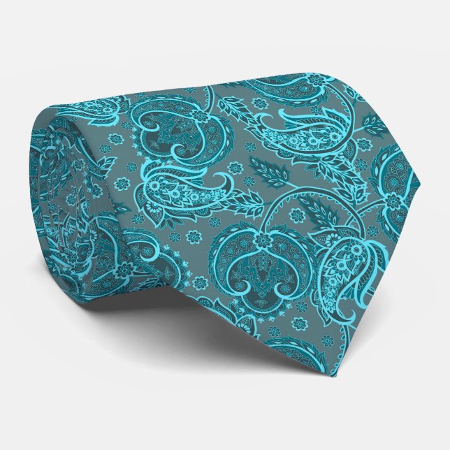 Blue paisley damask floral oriented ethnic patten tie (Rolled)