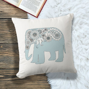 Blue Paisley Elephant Boho Chic Throw Pillow