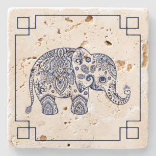 Blue Paisley Elephant Illustration Stone Coaster