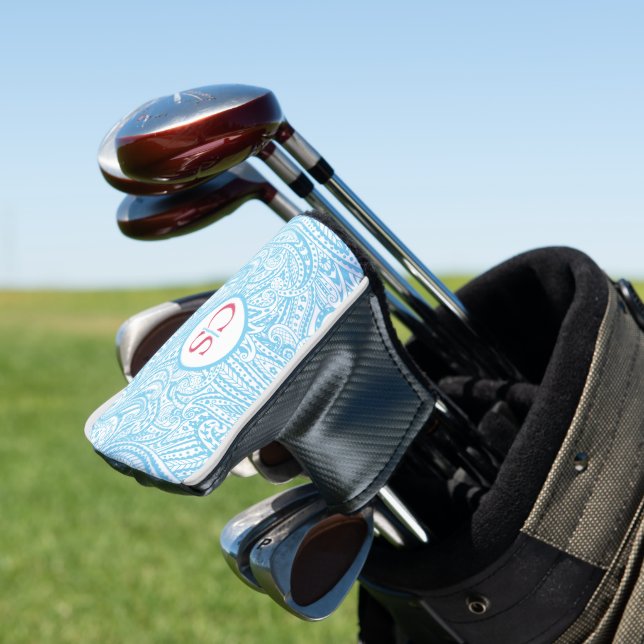 Blue Paisley Pattern and Pink Mongram Golf Head Cover (In Situ)