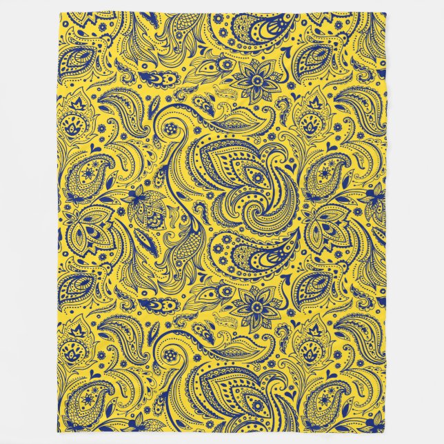 Blue Paisley Pattern On Yellow Fleece Blanket (Front)