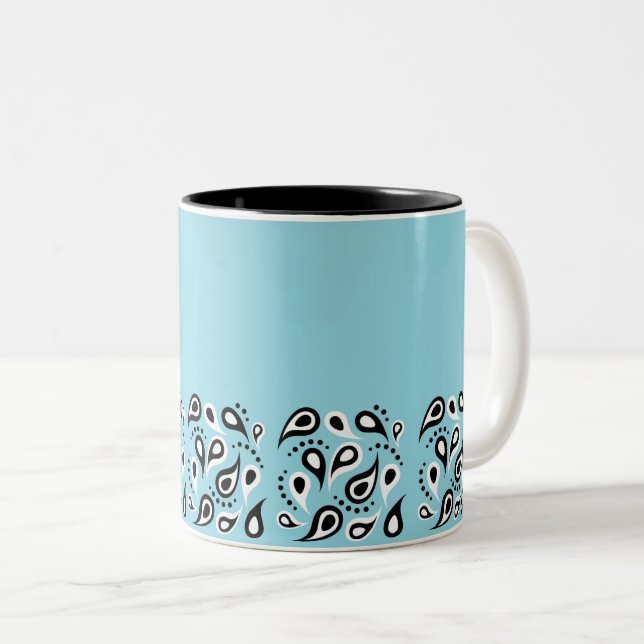 Blue Paisley Pattern - Ornamental Textile Design Two-Tone Coffee Mug (Front Right)