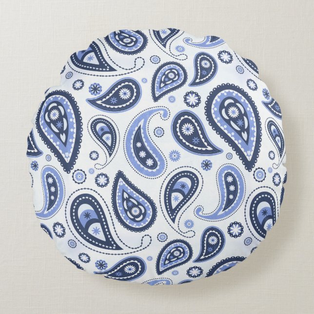 Blue Paisley Pattern Round Pillow (Front)