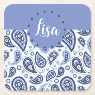 Blue Paisley Pattern Square Paper Coaster