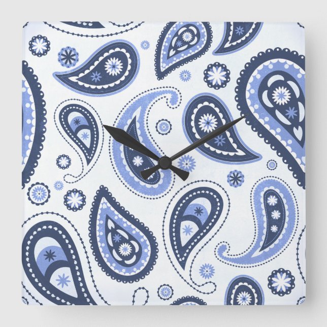 Blue Paisley Pattern Square Wall Clock (Front)