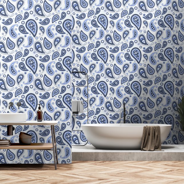 Blue Paisley Pattern Wallpaper (Bathroom)