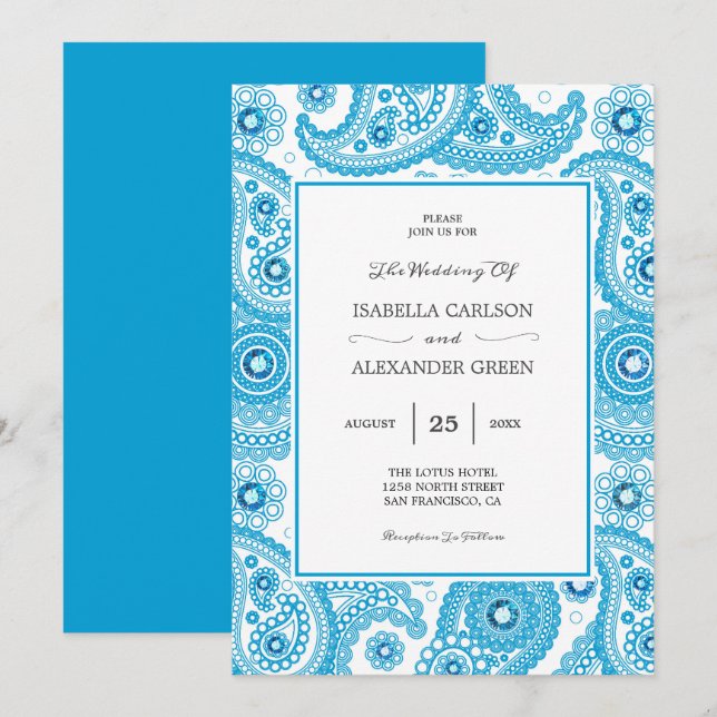 Blue Paisley With Diamonds Wedding Invitation (Front/Back)